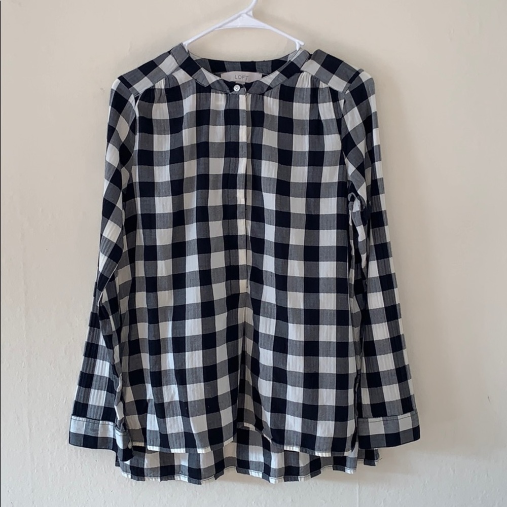 LOFT Black & White Checkered 1/4 Button Up Blouse
